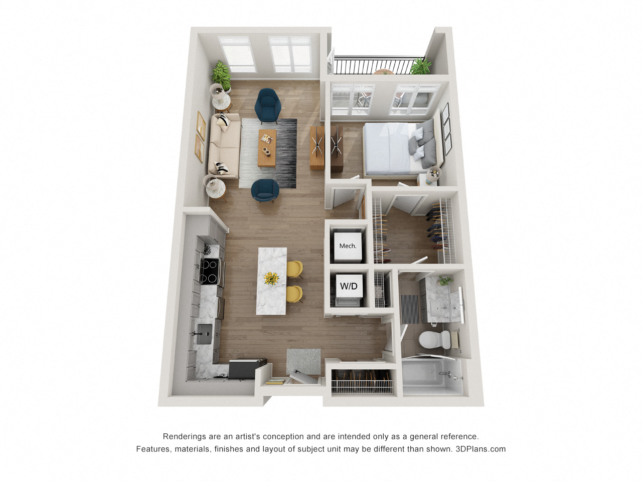 Floor plan for 1 bed, 1 bath, 678 sqft